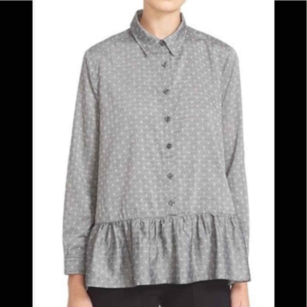 The Great ruffle oxford polka dot top